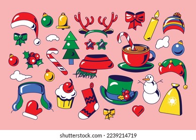 Winter christmas accessory and clothes set vector. Xmas santa claus and elf hat, sock and scarf, delicious creamy cake and drink with candy. New year celebration flat cartoon illustration