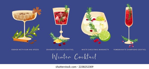 Winter Christmas alcohol cocktails vector set. Holiday four drink glass with bourbon, tequila, rum, champagne, cranberry, lime, rosemary, pomegranate, margarita. Everything you need for party