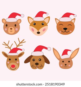 Winter Christmas Animals clipart collection featuring cat, dog, reindeer, rabbit, bear and fox wearing Santa Hats 