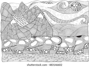 Winter, christmas, Antarctica pattern. Vector. A4 size. Polar Northern lights and mountains . Coloring book page for adult. Hand-drawn, ethnic,  doodle, zentangle, zen art. Pattern for coloring book.