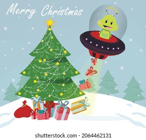 Winterweihnachtshintergrund mit Alien, Alien auf seiner Spaceship Bringing Geschenkbox Vektorgrafik. Schneeflocken, Grafik, Weihnachtsgeschenk, Weihnachtsbaum, Claus, Landschaft, Karte, frohe Weihnachten  