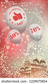 Winter Christmas background, banner, card with bright  illumination, gifts and white balloons. Christmas sale. Fifty and seventy percent. Blurred background with bokeh effect. Christmas elements.