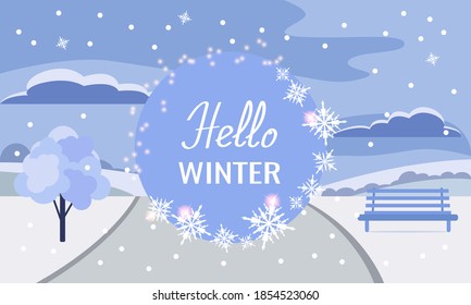 Winter Christmas background or banner, poster or greeting card with text Hello Winter. Vector illustration of a winter park landscape