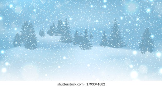 Winter Christmas background with blue sky, heavy snowfall, snow, snowy coniferous forest and snowdrifts.Vector illustration.
