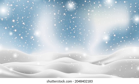 Invierno de fondo navideño con cielo azul, aurora, nevadas, copos de nieve y, saltos de nieve. Hermosas nevadas. Ilustración vectorial. Diseño de fondo, banner, afiche, boletín, anuncio, venta.