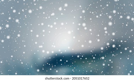 Winterweihnachtshintergrund mit unscharfer Landschaft, Schneefälle und Schneeflocken. Schöne leuchtende Schneefälle Vektorgrafik. Design von Hintergrund, Banner, Poster, Newsletter, Werbung, Verkauf.