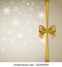 Winter Christmas Background card or banner. New Year. Gold satin bow with ribbon on a background of snowflakes. Vector illustration.