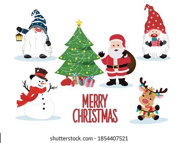 Winter Christmas background Character Vector illustration. Christmas tree, Santa Claus, gnome, snowman, Reindeer, Gift sign for graphic, landscape, card, sale, merry christmas  