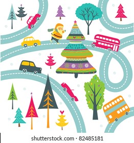Winter Christmas background with colorful road