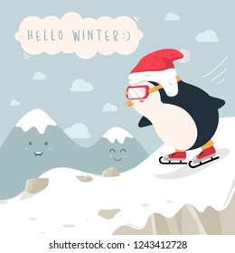 Winter christmas background. Cute penguin cartoon playing ice skating on snow scene mountain.