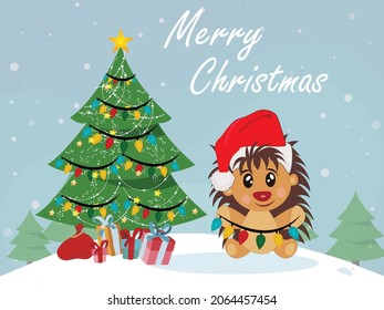 Winter Christmas background with Cute Porcupine snow, Reindeer Vector illustration. Snowflakes, graphic, santa gift, Christmas tree, Claus, landscape, card, merry christmas  