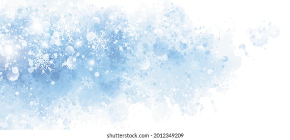 Winter and Christmas background design of snowflake on blue watercolor with copy space