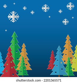 Winter Christmas background in the form of paper Christmas trees on a blue background.