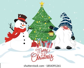 Winter Christmas background with gnome and snowman Vector illustration. Snowflakes sky. falling snow and Christmas tree sign, for graphic, santa gift, landscape, card, sale, merry christmas 