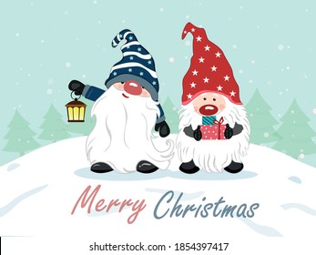 Winter Christmas background with gnomes Vector illustration. Snowflakes sky. falling snow and gnome sign, for graphic, santa, landscape, card, sale, merry christmas 