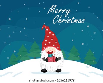 Winter Christmas background with gnomes Vector illustration. Snowflakes sky. falling snow and Christmas tree sign, for graphic, santa gift, landscape, card, gnome, merry christmas