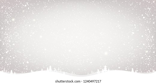 Winter Christmas background with landscape, snowflakes, light, stars. Xmas and New Year card. Vector Illustration