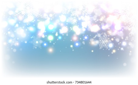 Luces mágicas del fondo invernal de Navidad con copos de nieve, ilustración vectorial