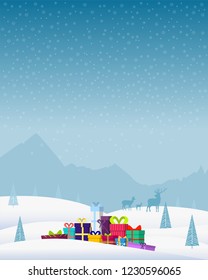Winter Christmas background with mountains, snow, deer, pine trees, gifts and snowflakes. Festive colorful background. Vector illustration. - Shutterstock ID 1230596065