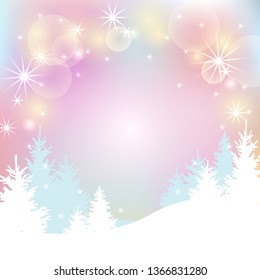Winter Christmas background with new year trees and glowing lights. Winter landscape for your text. Vector illustration for Christmas and New Year holiday, party invitation, greeting card, poster, web