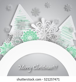 Winter Christmas background in paper style. Beautiful Christmas card.
