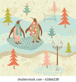 Winter Christmas background with penguins