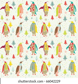 winter Christmas background with penguins