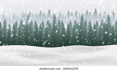 Winter Christmas background with pine forest, snowfalls, snowflake and, snowdrift. Beautiful shining snowfalls vector Illustration. Design of backdrop, banner, poster, newsletter, advertisement, sale.