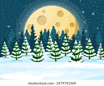 Winter christmas background. Pine tree wood and snow. Winter landscape with fir trees forest and snowing. Happy new year celebration. New year xmas holiday. Vector illustration flat style