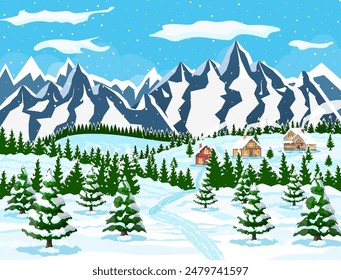 Winter christmas background. Pine tree wood and snow. Winter landscape with fir trees forest, mountain and village. Happy new year celebration. New year xmas holiday. Vector illustration flat style