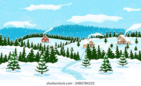 Winter christmas background. Pine tree wood and snow. Winter landscape with fir trees forest and village. Happy new year celebration. New year xmas holiday. Vector illustration flat style