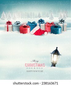 Winter Christmas background with presents and a lantern buried in snow. Vector.
