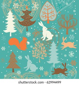 Winter Christmas background with rabbits and squirrel