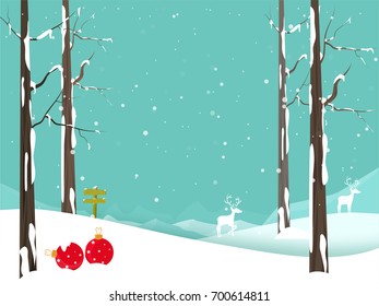 Winter Christmas Background with Reindeers, and Christmas Balls. 