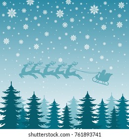 winter Christmas background. Santa Claus on deer. Christmas sleigh. Flying over the winter forest.Christmas snowfall.