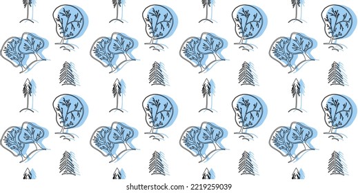 Winter Christmas background. Seamless Pattern with trees and pines with blue spots. vector illustration. Stylish design for packaging, paper boxes, covers, textiles, etc.