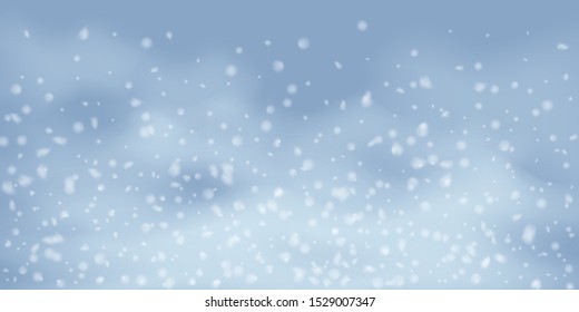 Winter Christmas background with sky, heavy snowfall. Falling Christmas Shining white transparent beautiful snow. Winter decoration element. Snowflakes, snowfall.