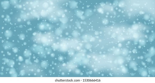 Winter Christmas background with sky, heavy snowfall. Falling Christmas Shining white transparent beautiful snow. Happy new year decoration. Snowflakes, snowfall.