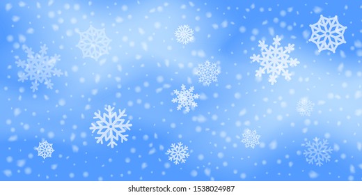 Winter Christmas background with sky, heavy snowfall. Falling Christmas Shining white transparent beautiful snow. Winter decoration element. Snowflakes, snowfall.