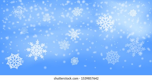 Winter Christmas background with sky, heavy snowfall. Falling Christmas Shining white transparent beautiful snow. Winter decoration element. Snowflakes, snowfall.