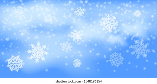 Winter Christmas background with sky, heavy snowfall. Falling Christmas Shining white transparent beautiful snow. Winter decoration element. Snowflakes, snowfall.