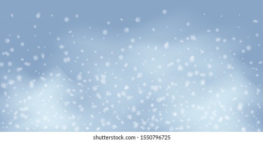 Winter Christmas background with sky, heavy snowfall. Falling Christmas Shining white transparent beautiful snow. Winter xmas decoration illustration. Snowflakes, snowfall.