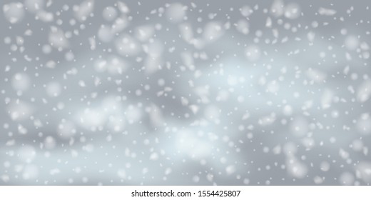 Winter Christmas background with sky, heavy snowfall. Falling Christmas Shining white transparent beautiful snow. Winter decoration element. Snowflakes, snowfall.