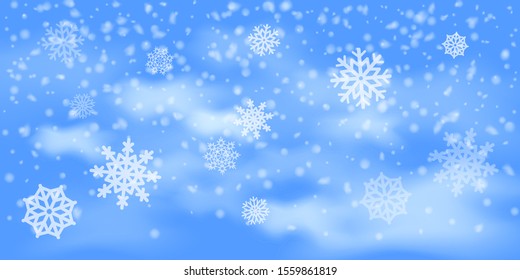 Winter Christmas background with sky, heavy snowfall. Falling Christmas Shining white transparent beautiful snow. Happy new year decoration. Snowflakes, snowfall.