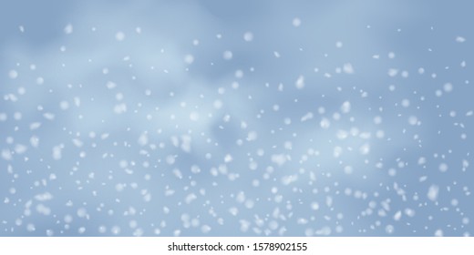 Winter Christmas background with sky, heavy snowfall. Falling Christmas Shining white transparent beautiful snow. Winter xmas decoration illustration. Snowflakes, snowfall.