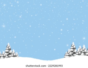 Winter Christmas background with sky, heavy snowfall, snowflakes in different shapes and forms, snowdrifts. Winter landscape with falling christmas shining beautiful snow. vector.