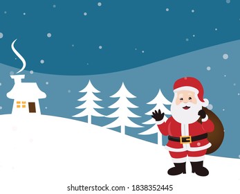 Winter Christmas background with sky Vector illustration. Santa Claus holding symbol. santa house and tree sign, Flat style for graphic, web design, landscape, copy space, sale, merry christmas  