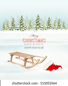 Winter Christmas background with a sleigh and a santa hat. Vector.