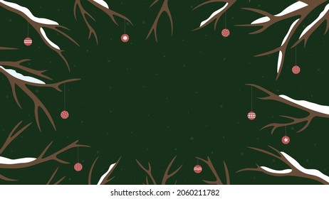 WinterWeihnachtshintergrund mit schneebedeckten Ästen, roten Weihnachtsdekorationen und fallendem Schnee auf grünem Hintergrund. Vektorgrafik im einfachen Stil. Hintergrund für Banner, Poster, Postkarten