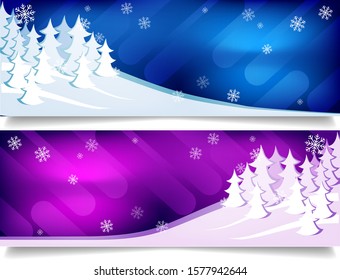 Winter Christmas background. Winter snow forest on the background of blue and purple sky with snowflakes. Free space for text. Vector horizontal promo illustration for web banners.